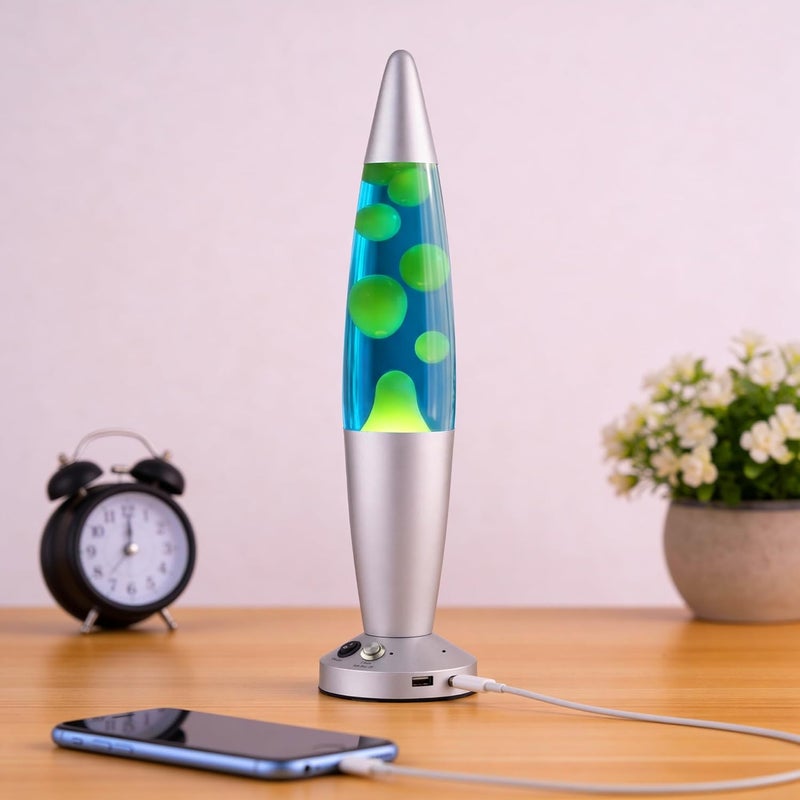 JAMBO 16-Inch Beautiful Lamp with Wax, Relaxing Night Light Home Decor, Extra Tall, Living Room Office Bedroom Lamp for Adults, Teens, Kids (USB, Auto Shut Off, Silver Base, Blue Liquid, Yellow Wax) - Image 2